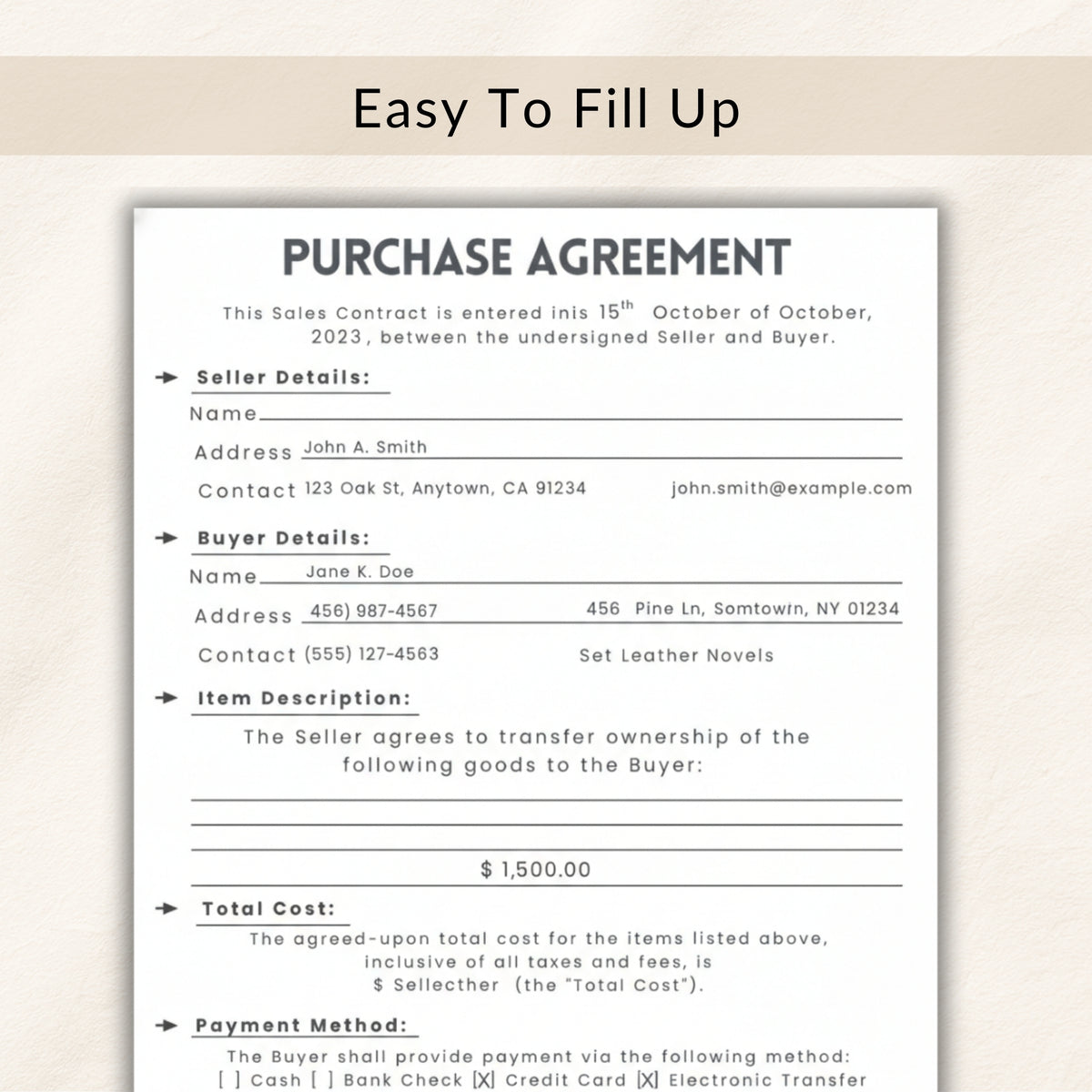 Purchase agreement form with fields for seller and buyer details, item description, total cost, and payment method.