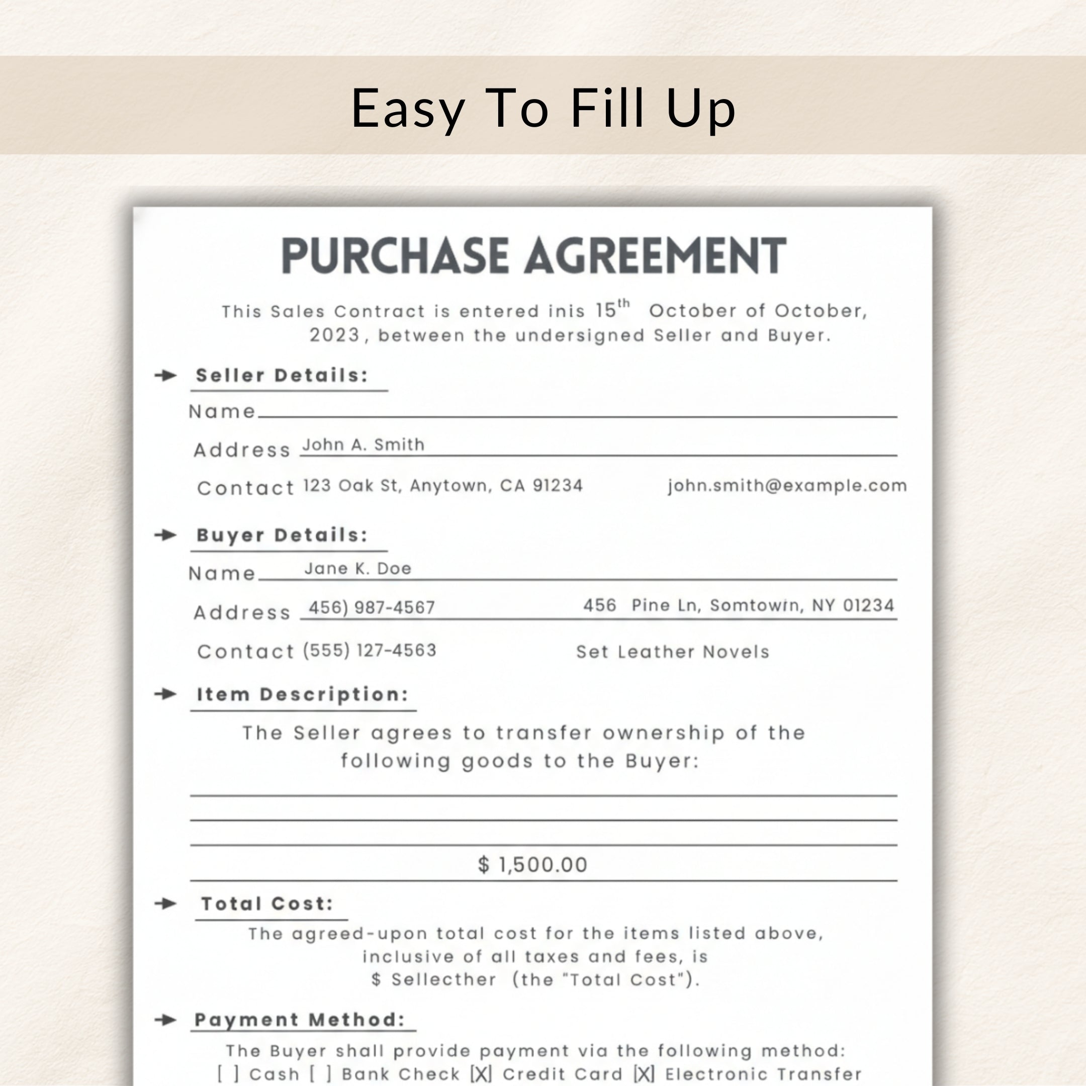 Purchase agreement form with fields for seller and buyer details, item description, total cost, and payment method.