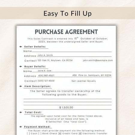 Purchase agreement form with fields for seller and buyer details, item description, total cost, and payment method.