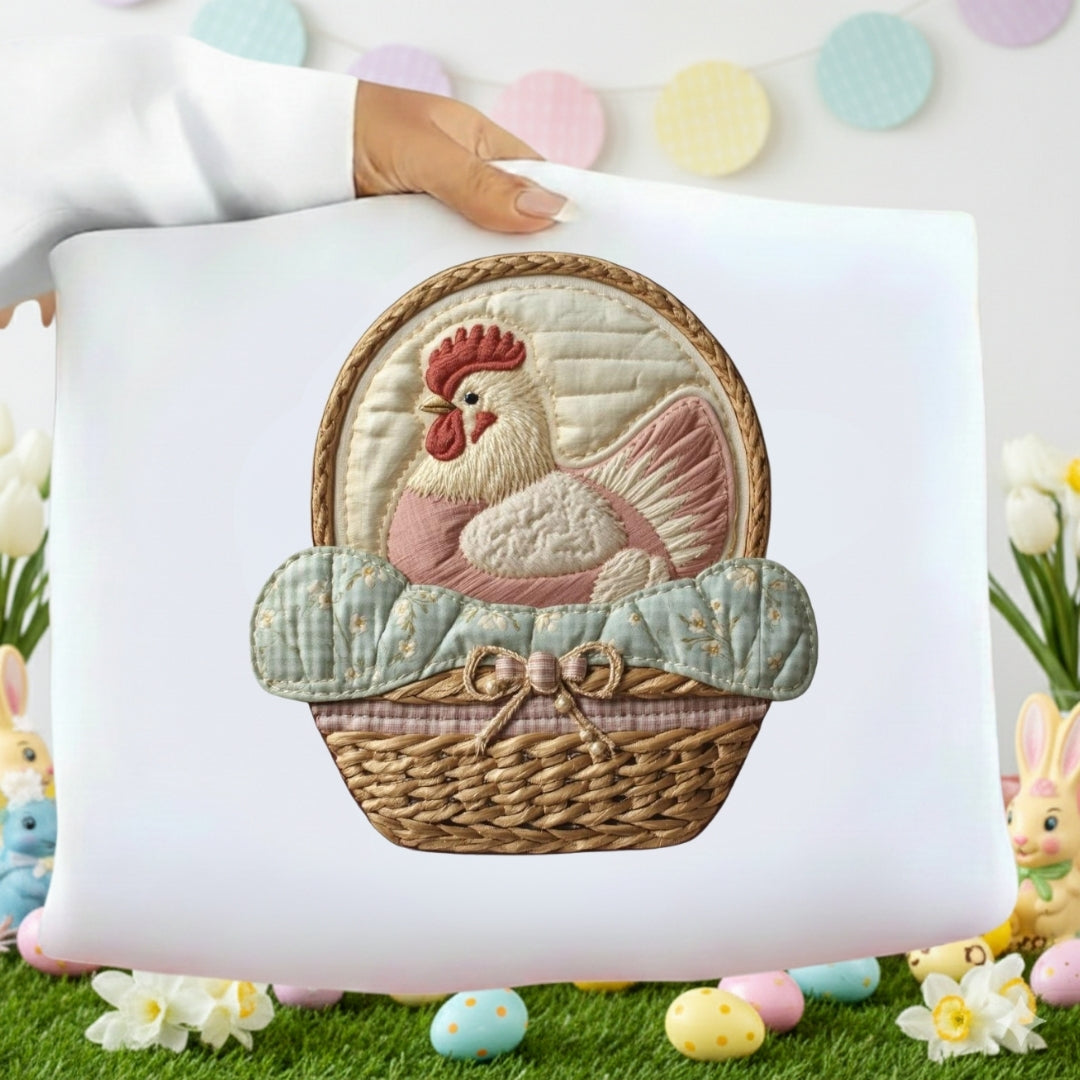 Decorative pillow with a rooster in a basket design, surrounded by Easter decorations.