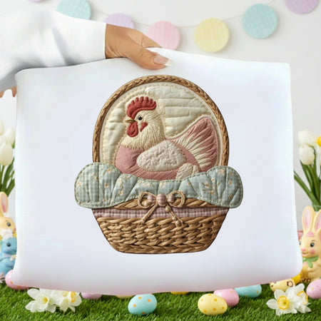 Decorative pillow with a rooster in a basket design, surrounded by Easter decorations.