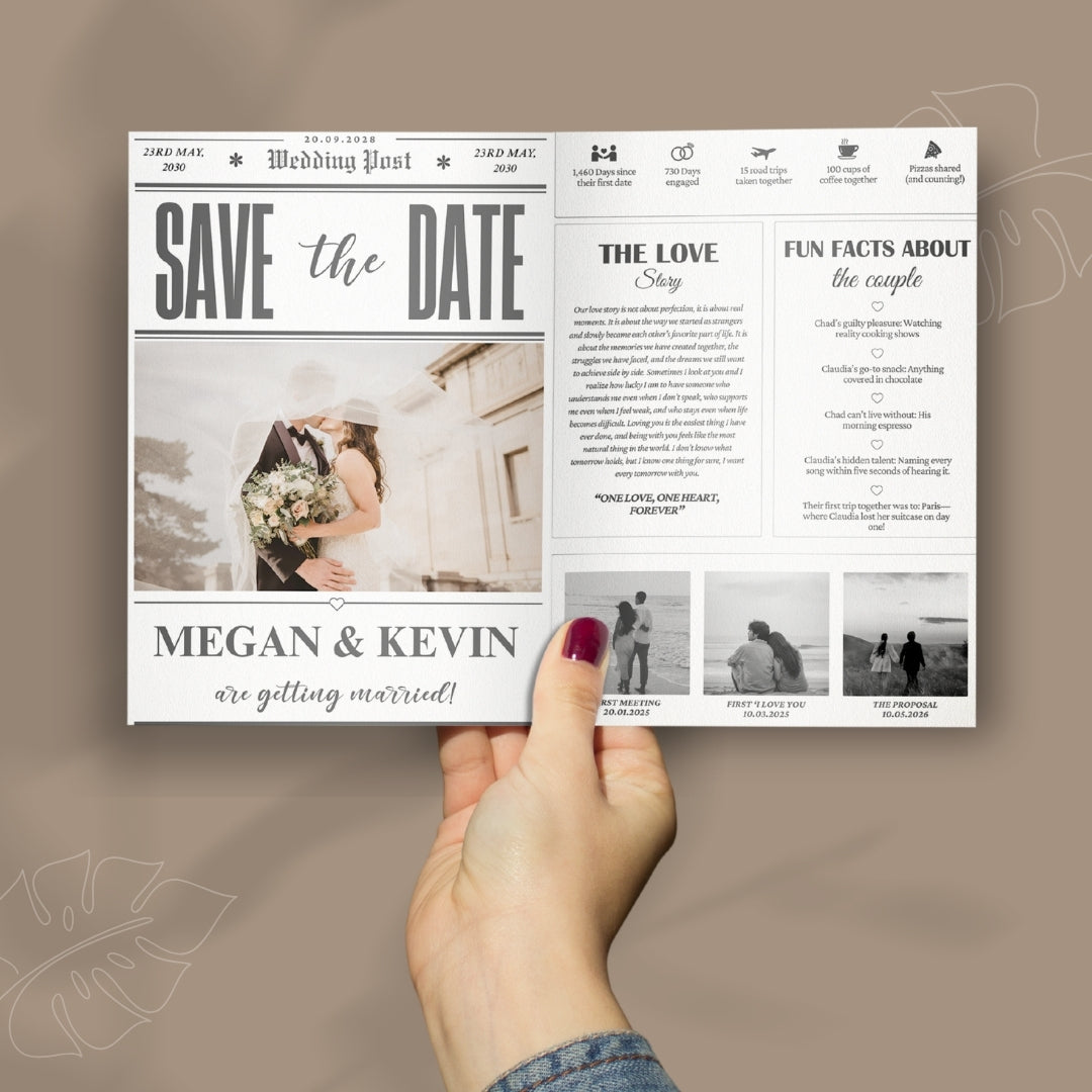 Hand holding a 'Save the Date' newspaper-style card with wedding details.