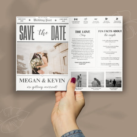 Hand holding a 'Save the Date' newspaper-style card with wedding details.
