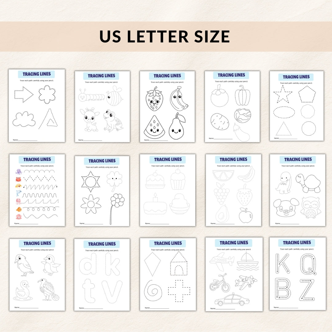 Collection of US Letter size educational worksheets with tracing lines and shapes on a beige background.
