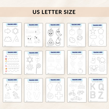 Collection of US Letter size educational worksheets with tracing lines and shapes on a beige background.