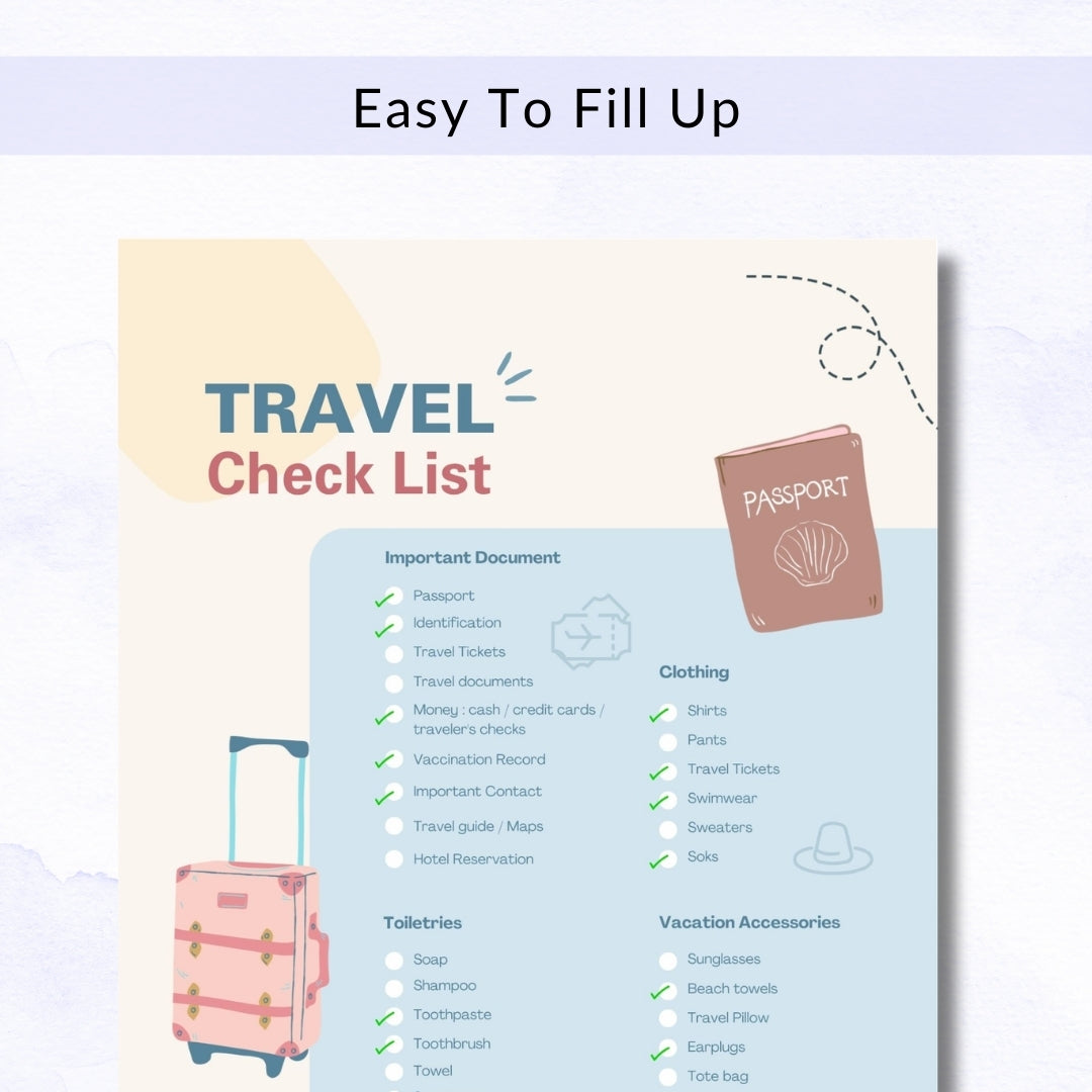 Travel check list with a suitcase, passport, and checklist items on a light blue background.