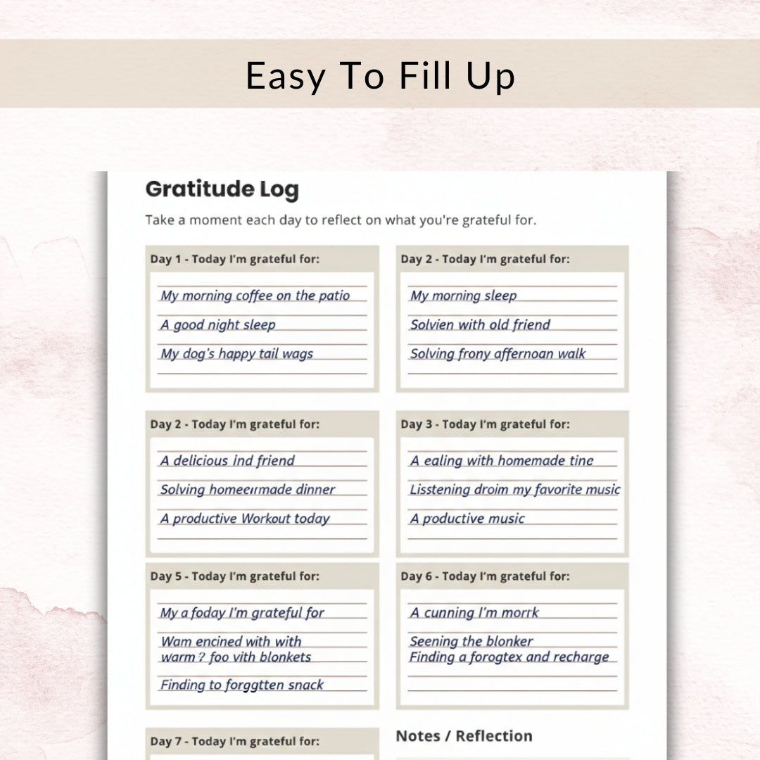 Gratitude log sheet with sample entries on a light pink background