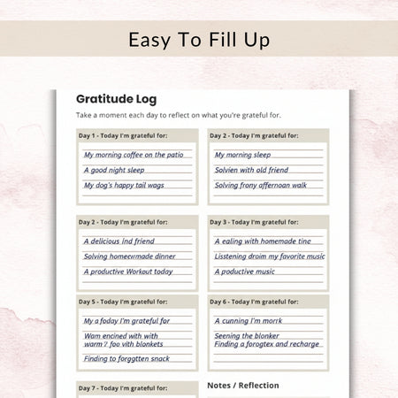 Gratitude log sheet with sample entries on a light pink background