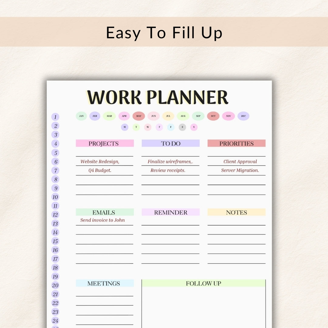 Work planner with various sections for tasks and notes on a beige background
