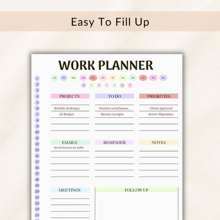 Work planner with various sections for tasks and notes on a beige background