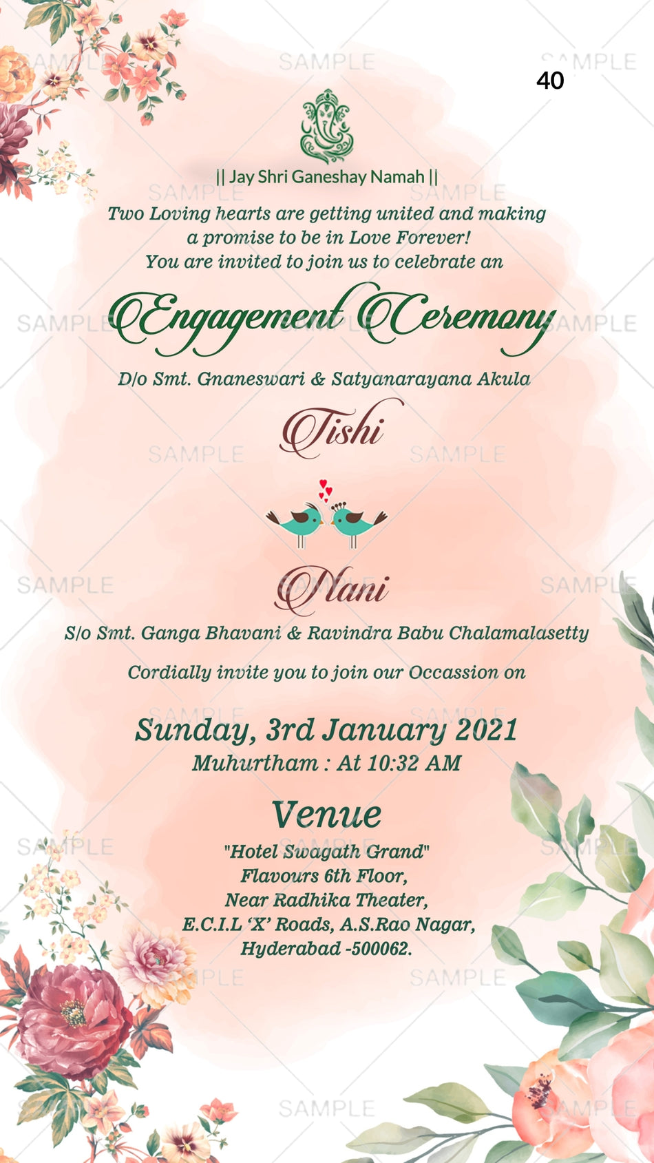 Engagement ceremony invitation card Canva Editable Template in english language with flowers, leaves as couple photo theme  design 40