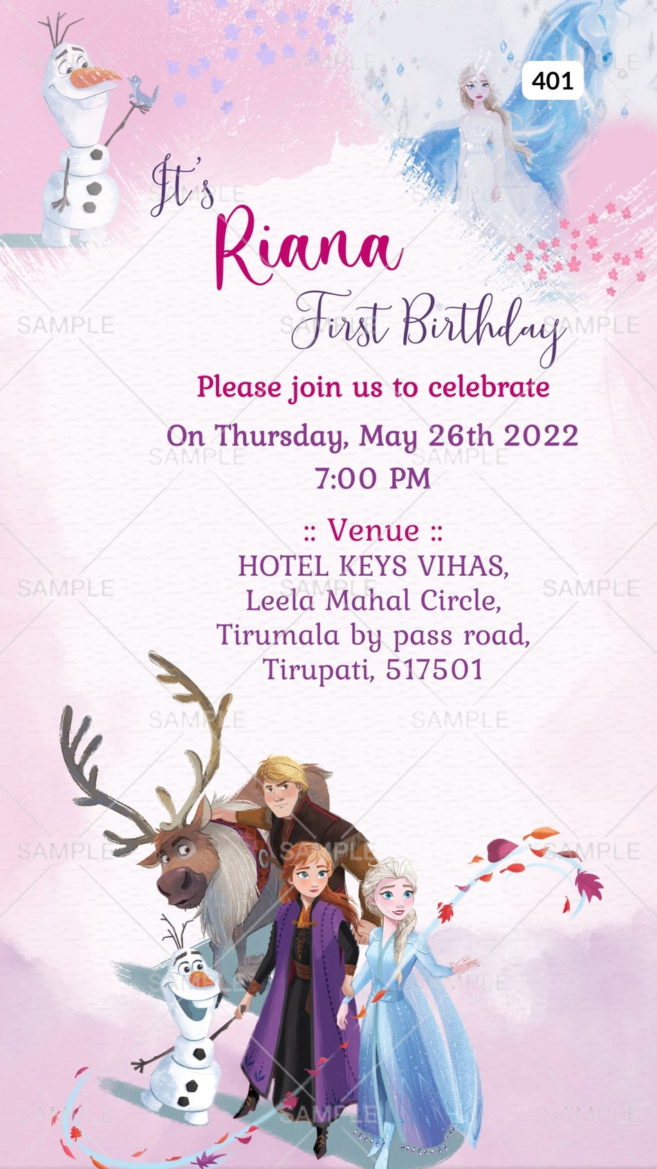 Birthday party invitation card Canva Editable Template for girl in english language with snowman as frozen theme design 401