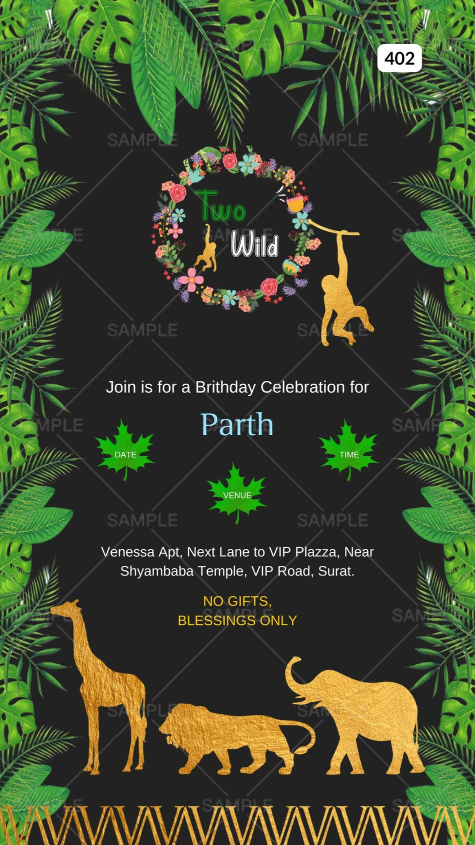 Birthday party invitation card Canva Editable Template in english language with animal as jungle theme design 402