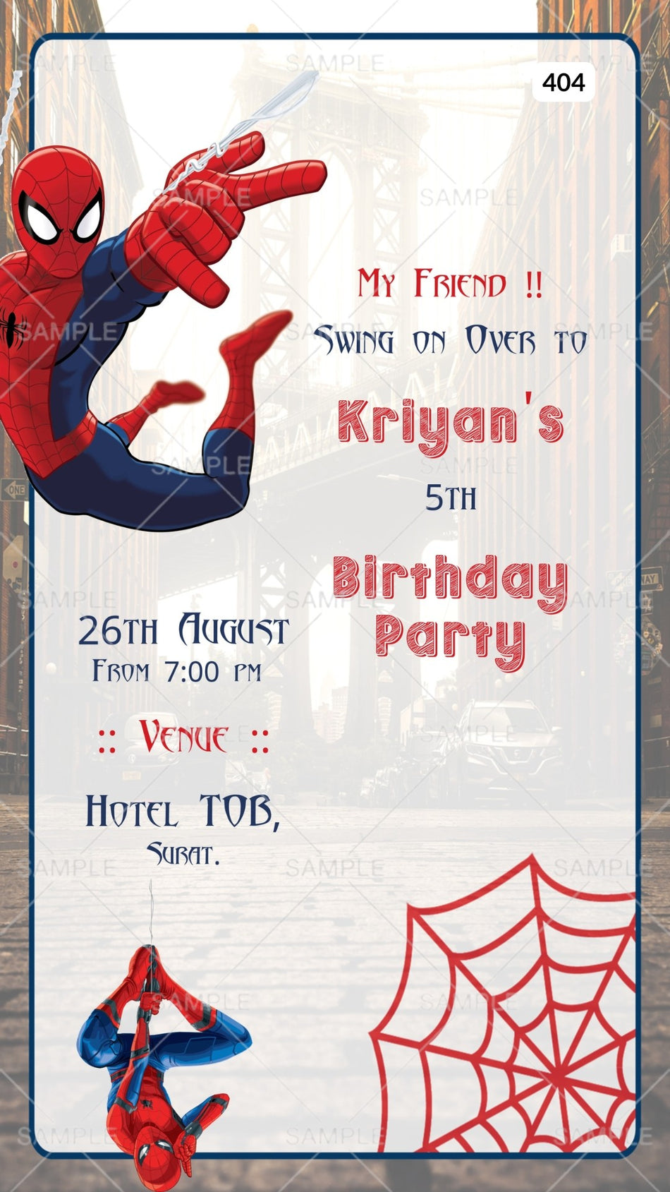 Birthday party invitation card Canva Editable Template for boy in English language with spider man theme design 404