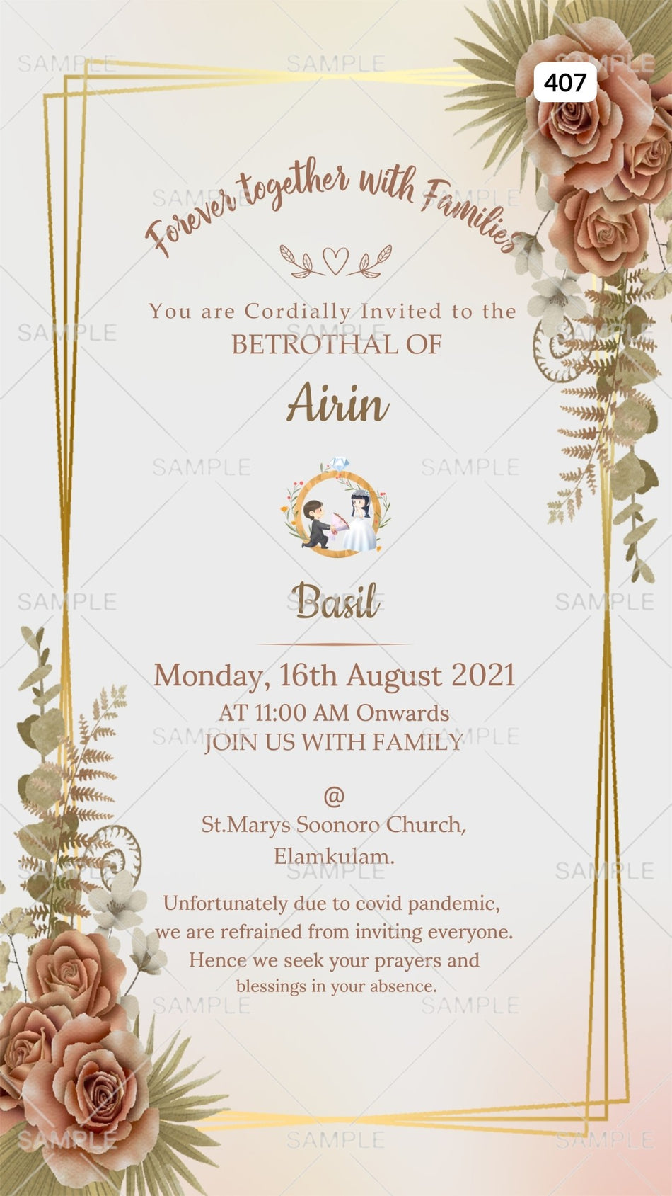 Betrothal ceremony invitation card Canva Editable Template for Catholic family in english language with frame, romantic couple doodle as floral theme design 407