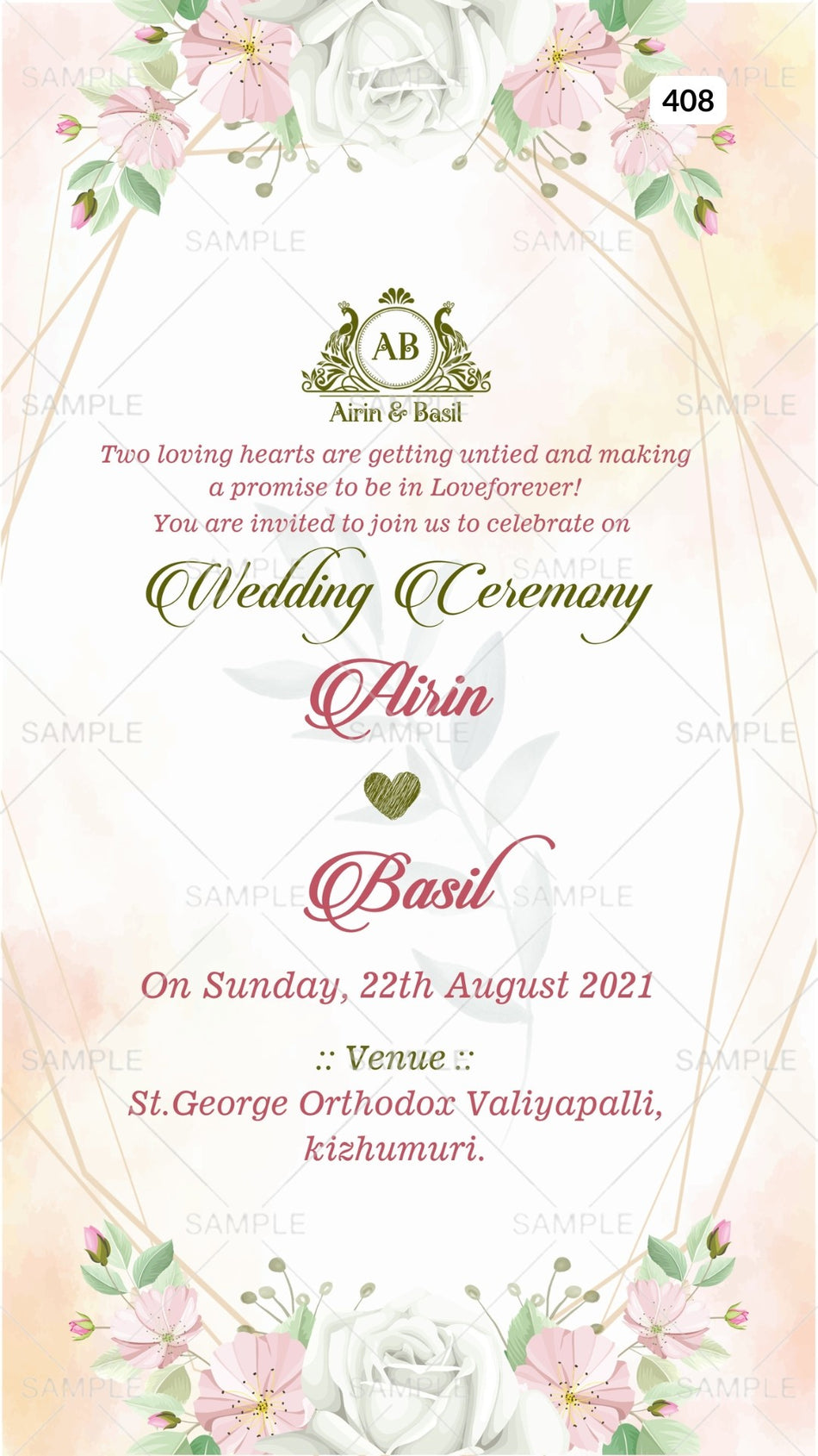 Wedding ceremony invitation card Canva Editable Template of hindu south indian malayali family in english language with  Floral theme design 408