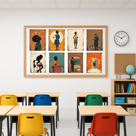 Classroom with colorful chairs and a wall with framed artwork.