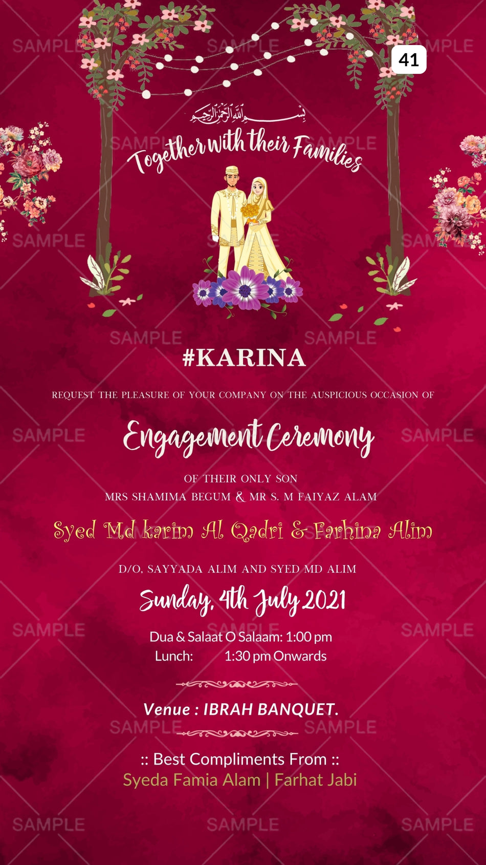 Engagement ceremony invitation card Canva Editable Template in english language with tree, string light, flowers as minimalistic theme design 41