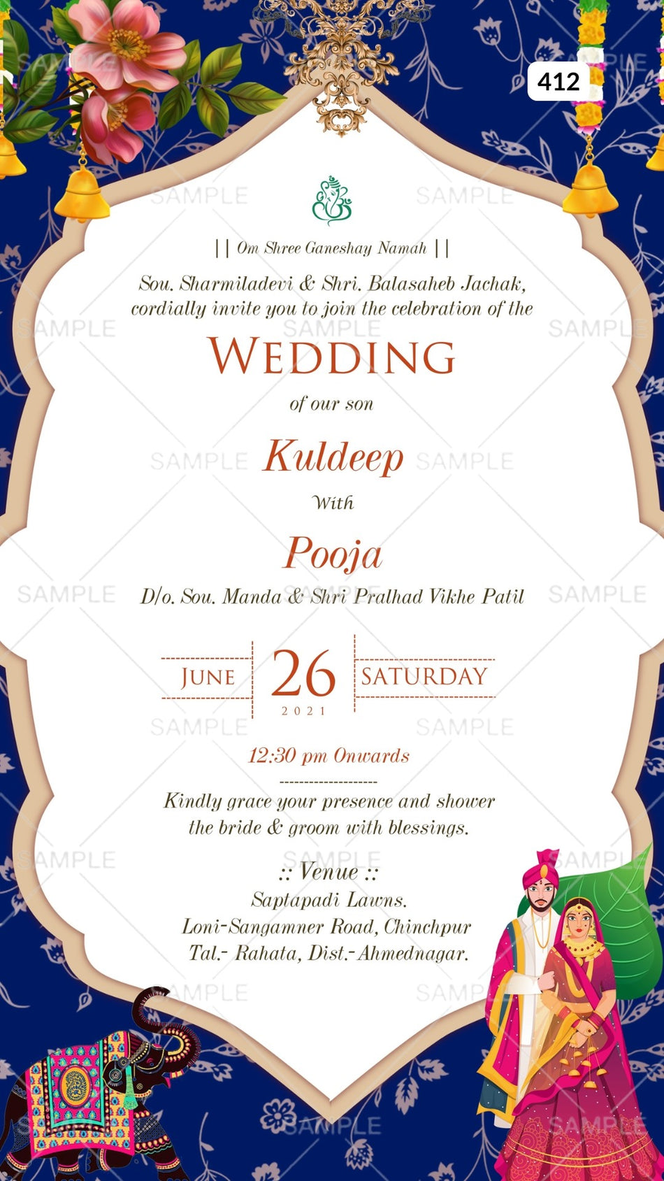 Wedding ceremony invitation card Canva Editable Template of hindu maharashtrian marathi family in english language with Traditional arch theme design 412