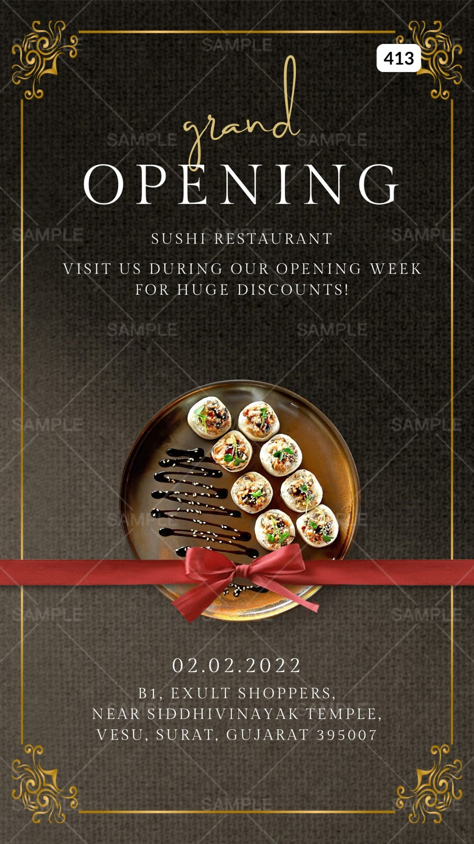 Opening invitation card Canva Editable Template in english language with ribin as minimalistic theme design 413
