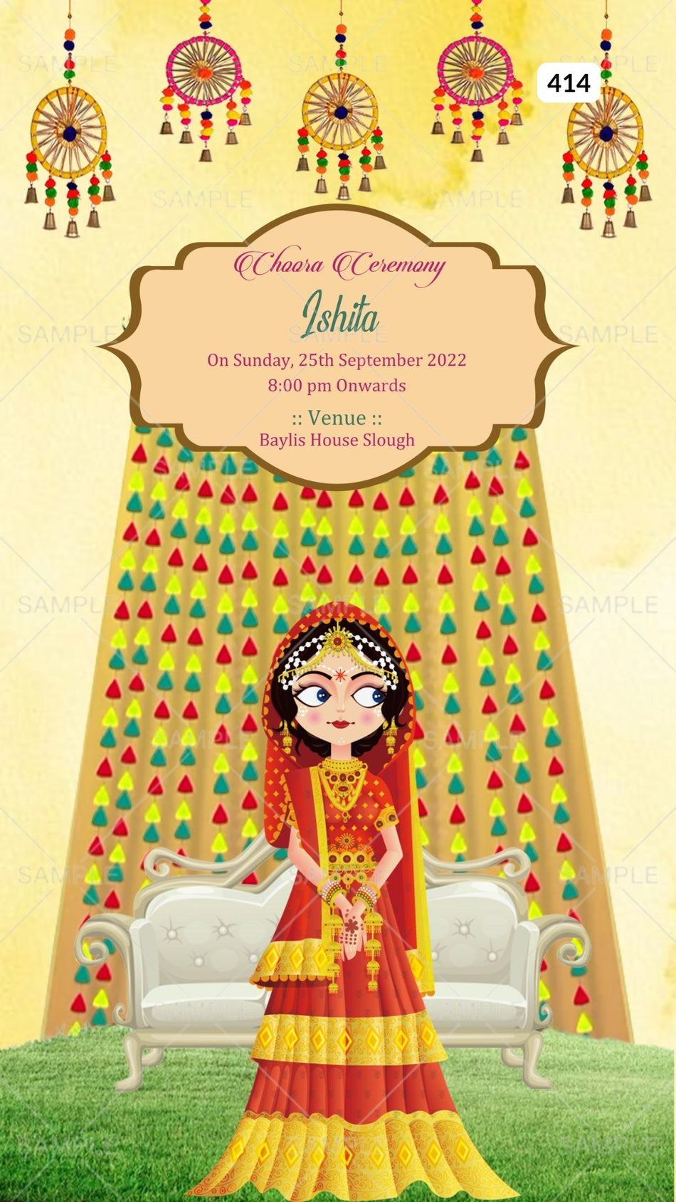 Choora ceremony invitation card Canva Editable Template in english language with traditional theme design 414