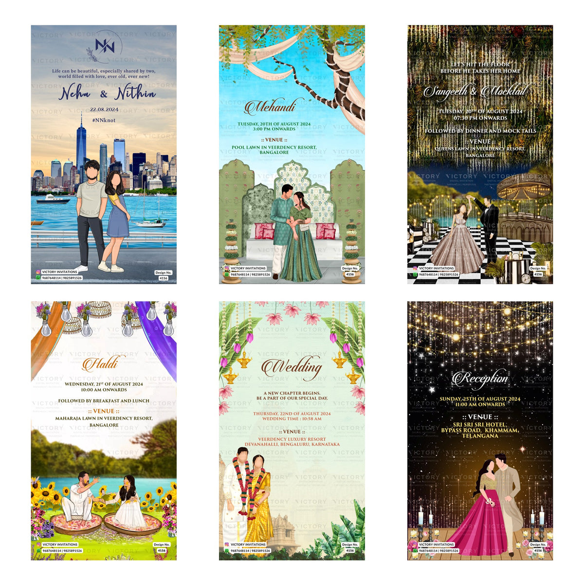 Traditional Indian wedding digital invitation card set 4156 featuring Neha and Nithin templates with '#NNknot' branding   