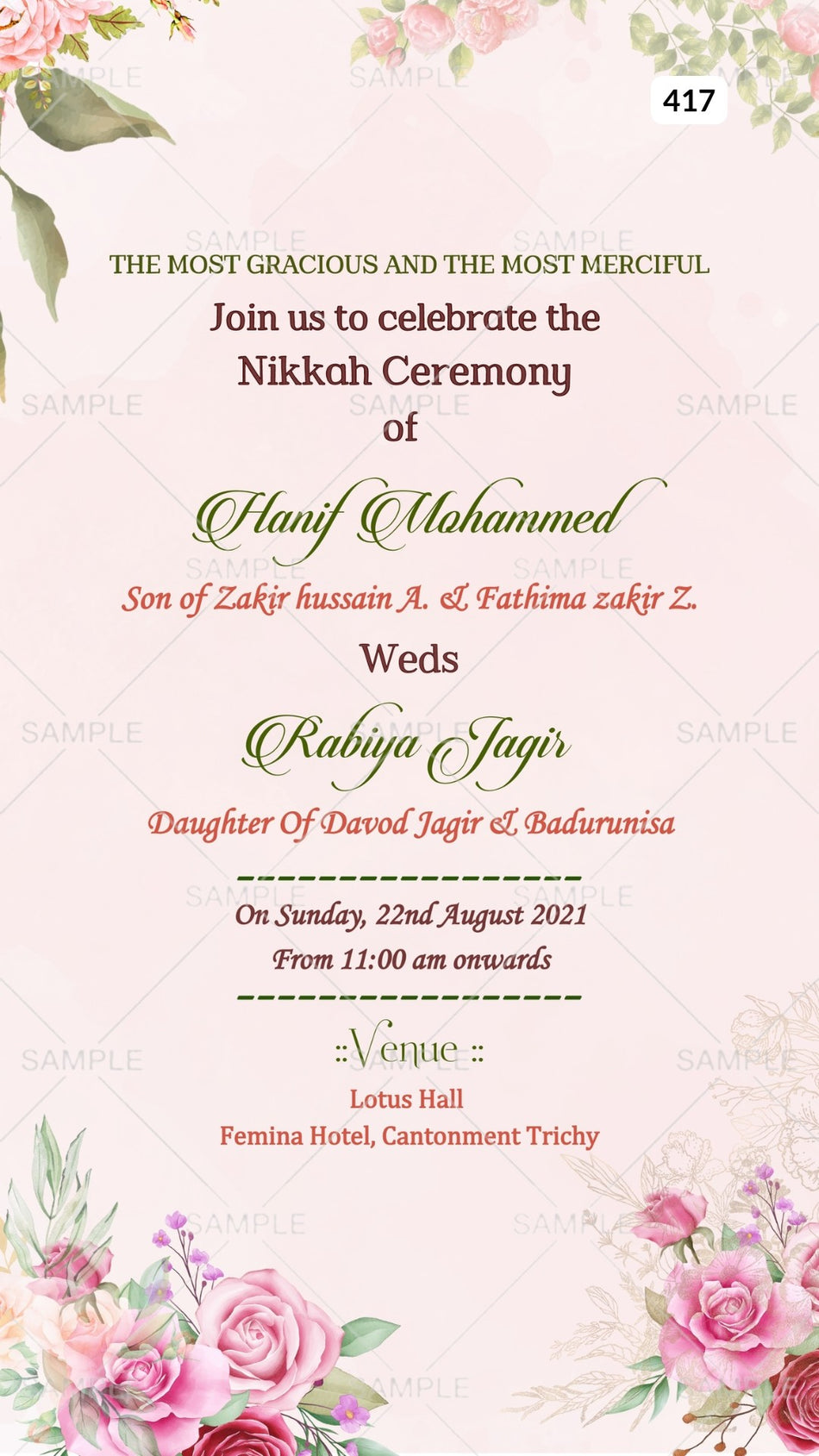 Nikah ceremony invitation card Canva Editable Template of Muslim family in english language with Floral theme design 417