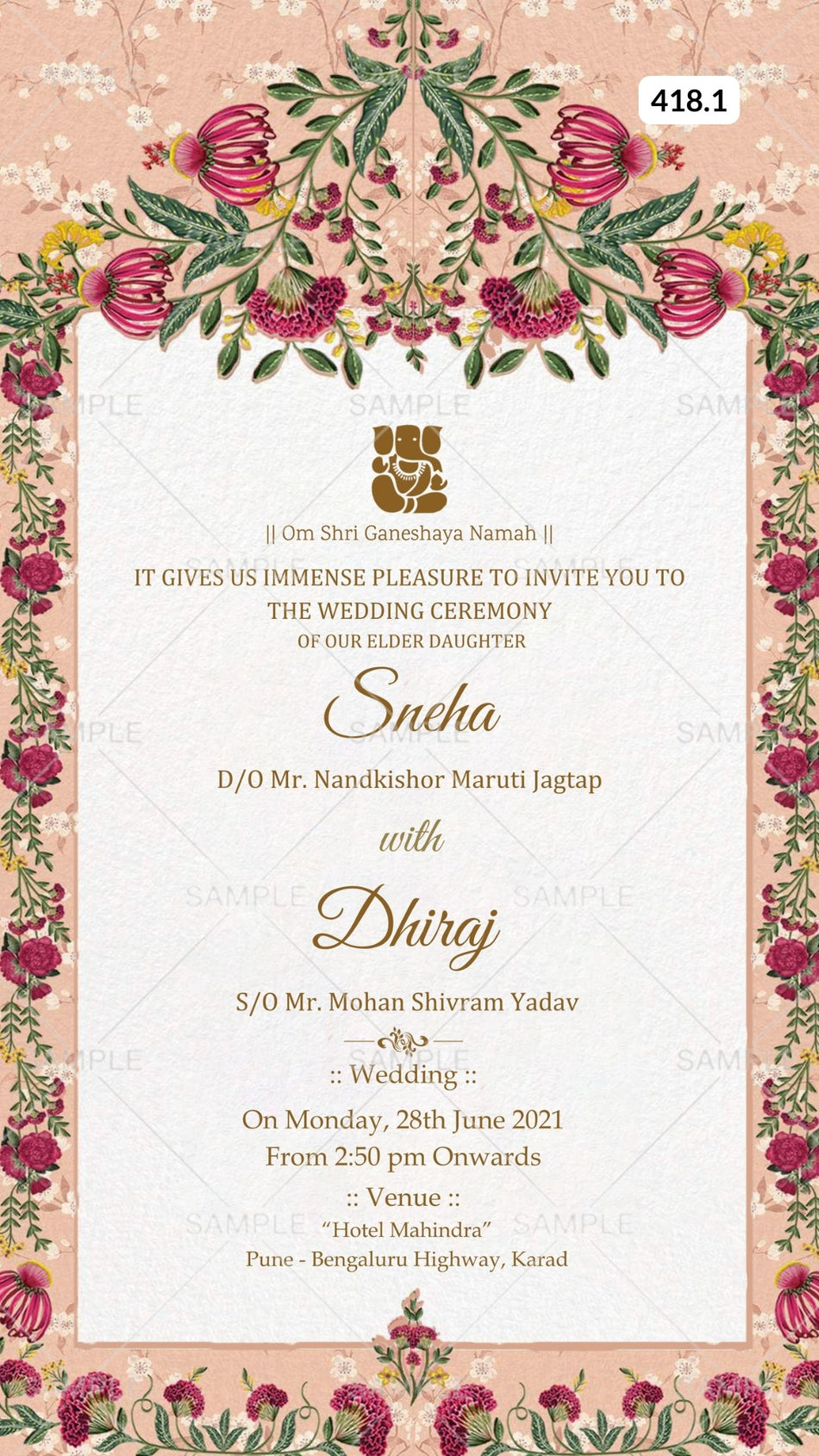 Wedding ceremony invitation card Canva Editable Template of hindu maharashtrian marathi family in english language with  Floral gate theme design 418