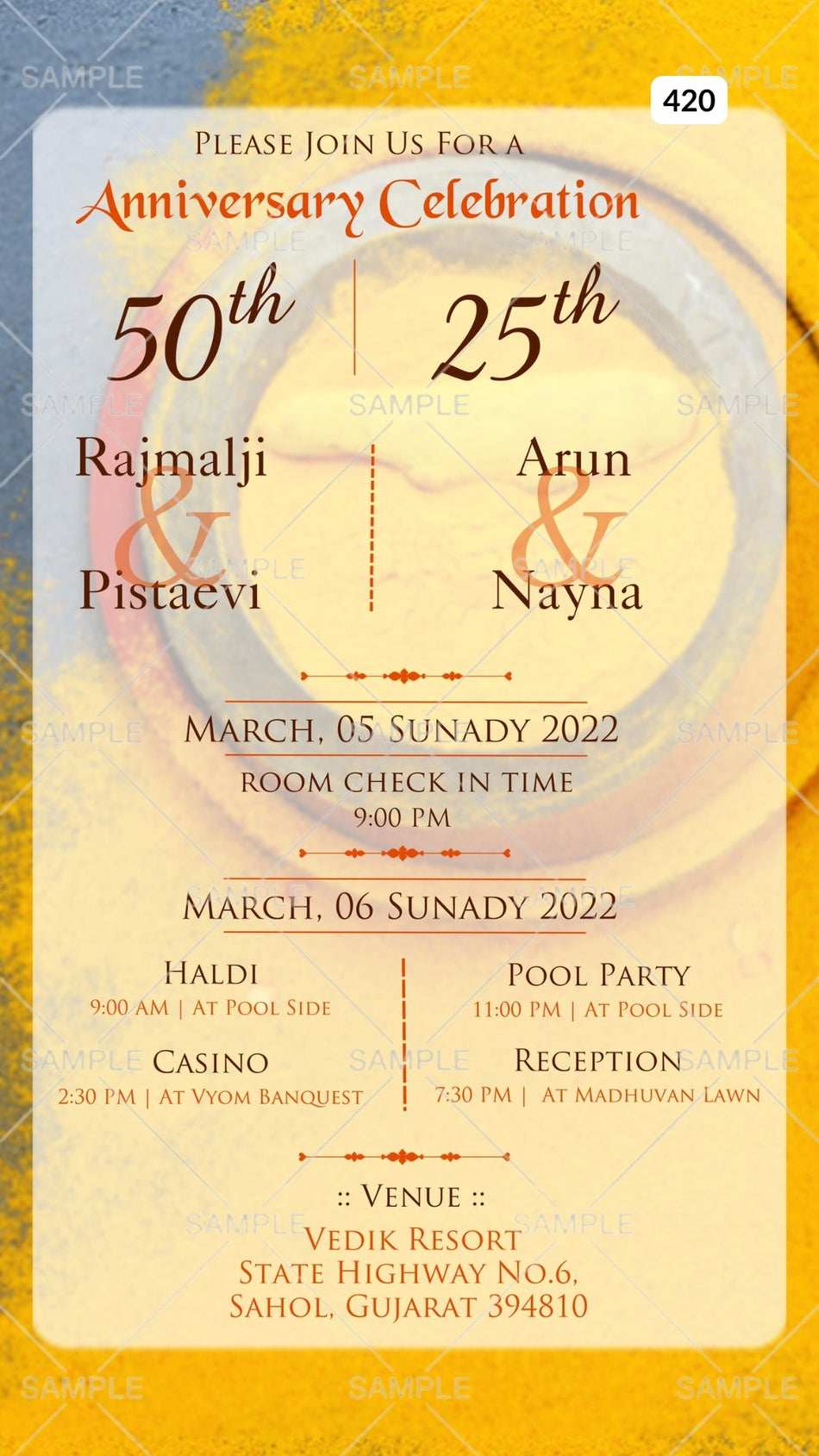 25th &amp; 50th Wedding Anniversary invitation card Canva Editable Template in English language with frame as vintage theme design 420