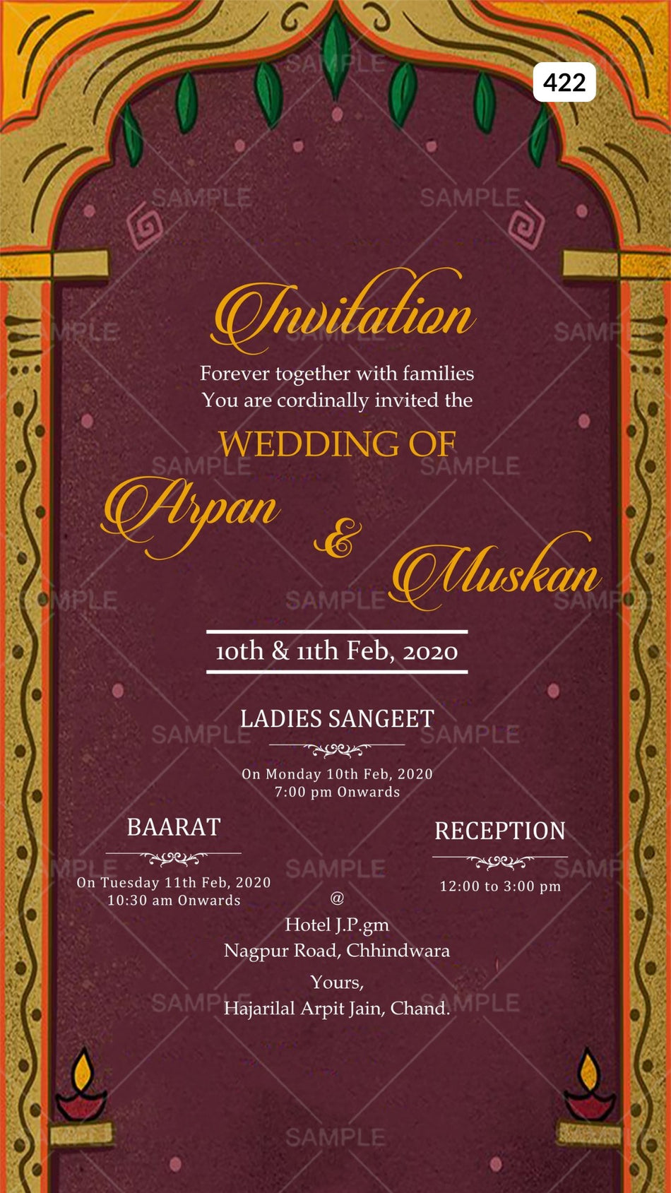 Wedding ceremony invitation card Canva Editable Template of hindu north indian in english language with Vintage Arch theme design 422
