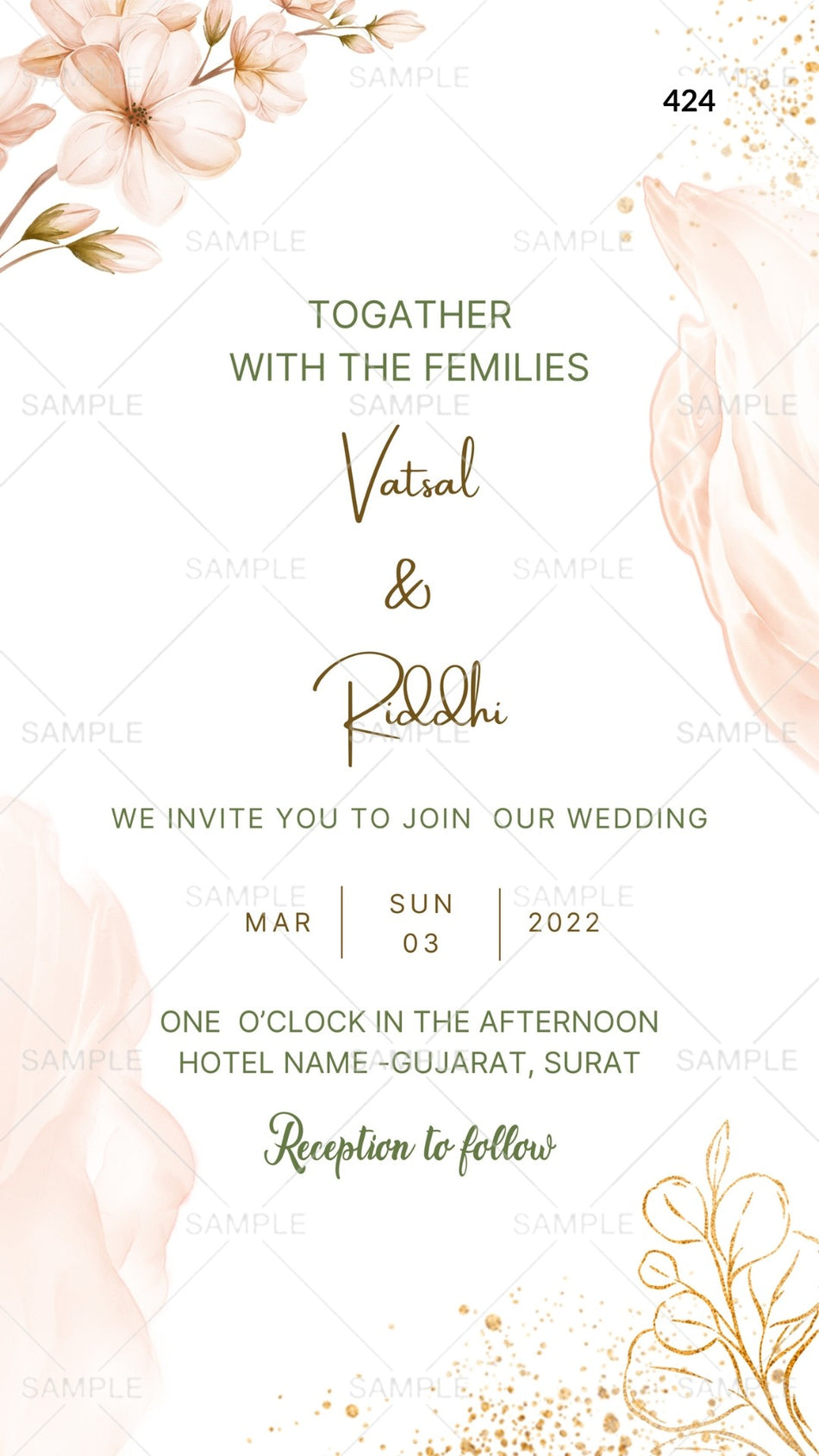 Wedding ceremony invitation card Canva Editable Template of hindu gujarati patel family in english language with Floral theme design 424