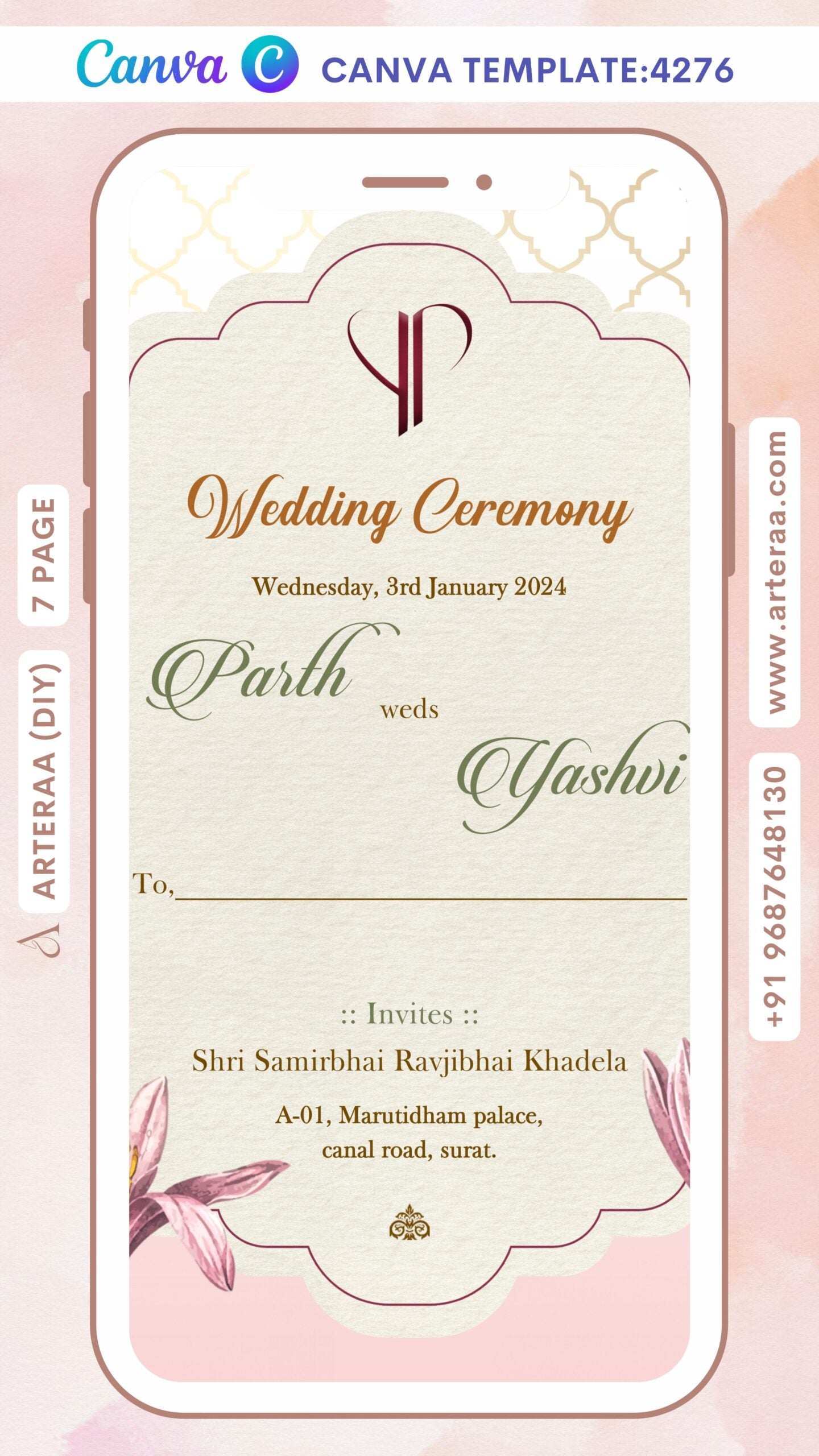 Wedding ceremony invitation Canva Editable video Template of hindu gujarati patel family in english language with arch theme design 4276