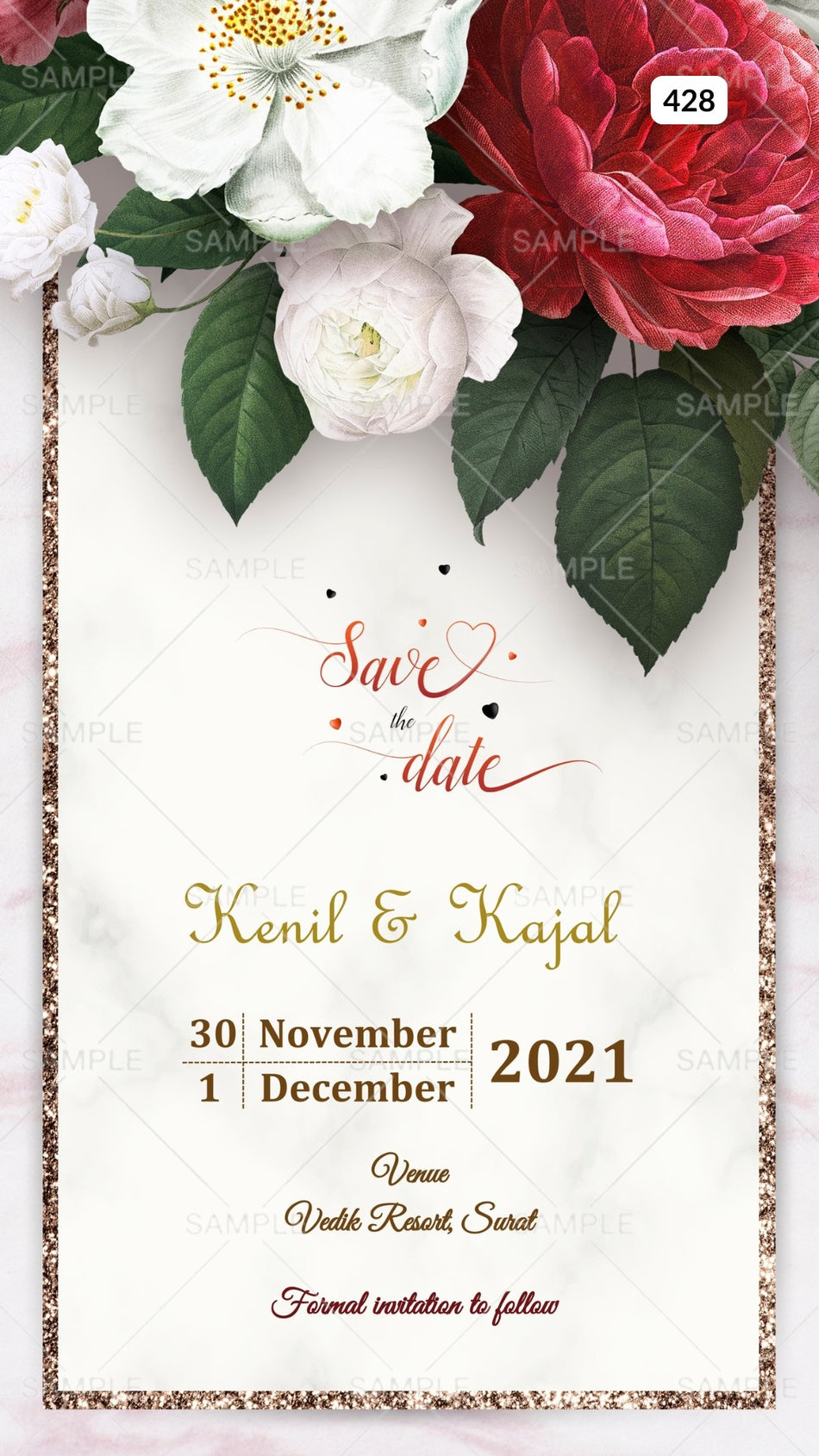 Save the Date card Canva Editable Template in english language with flowers, leaves as floral theme design 428