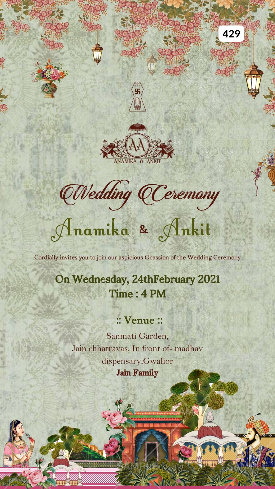 Wedding ceremony invitation card Canva Editable Template of hindu north indian in english language with Traditional theme design 429