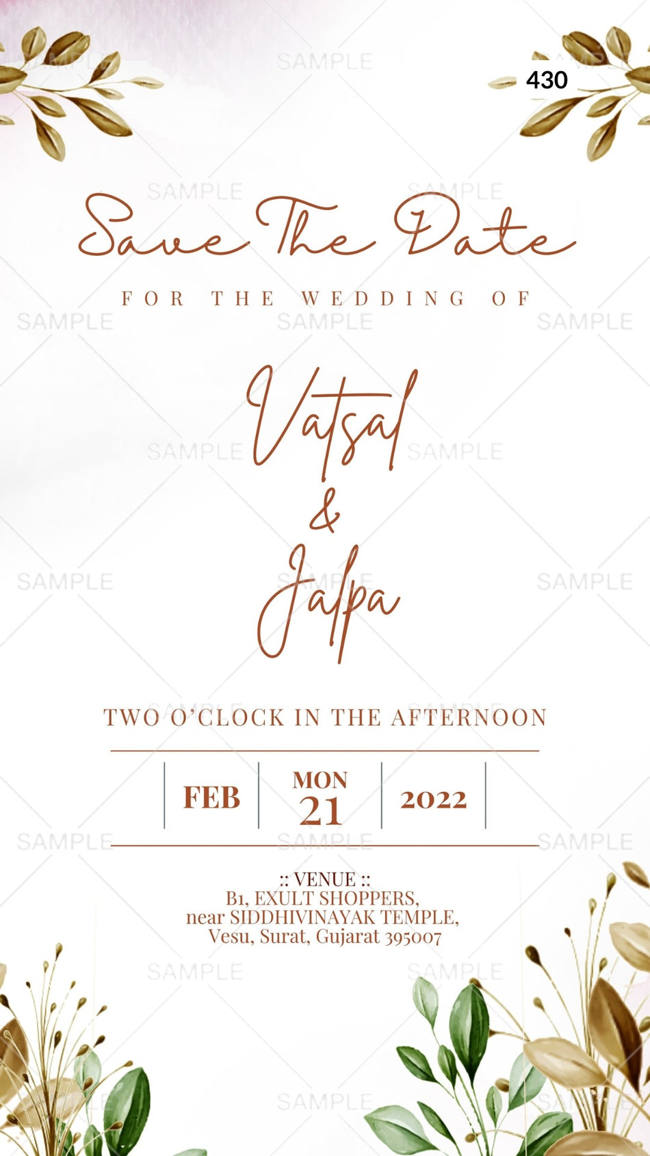 Save the Date card Canva Editable Template in english language with leaves as minimalistic theme design 430
