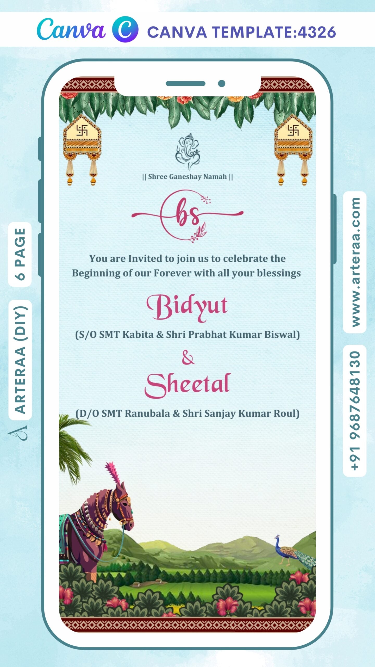 Wedding ceremony invitation Canva Editable video Template of Odiya family in english language with temple theme design 4326