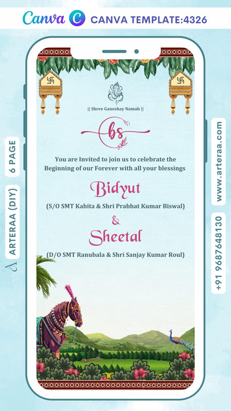 Wedding ceremony invitation Canva Editable video Template of Odiya family in english language with temple theme design 4326