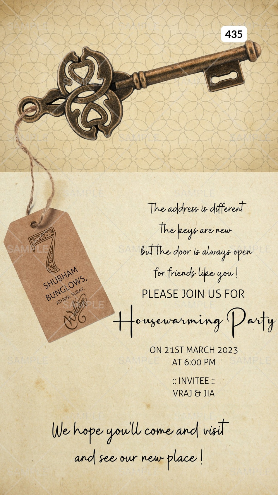 House Warming ceremony invitation card by canva in english language with arch as vintage theme Canva Editable Template design 435