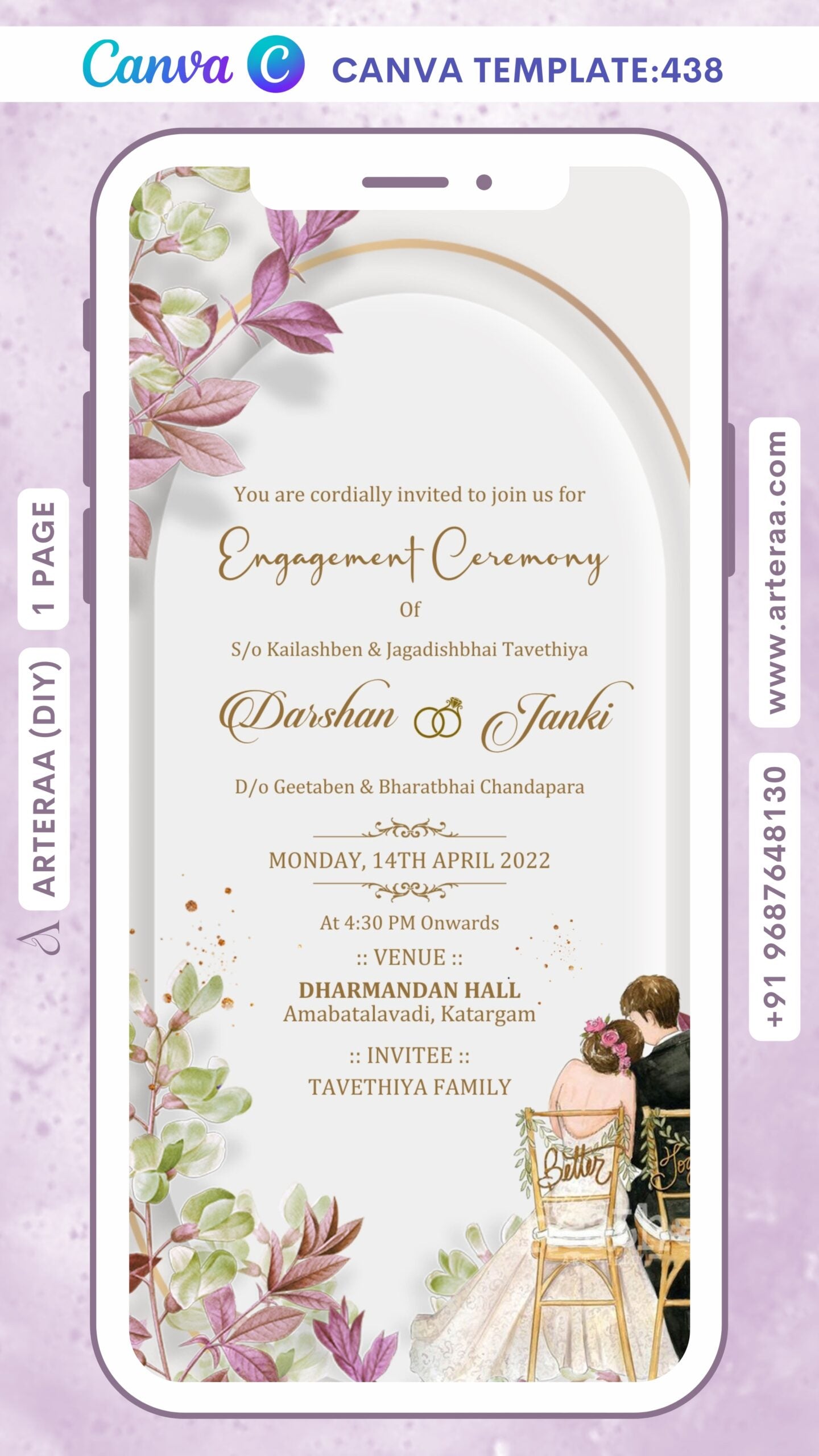 Chandla vidhi Engagement invitation Canva Editable video Template in gujarati language with flowers, couple doodle as gate theme design 438