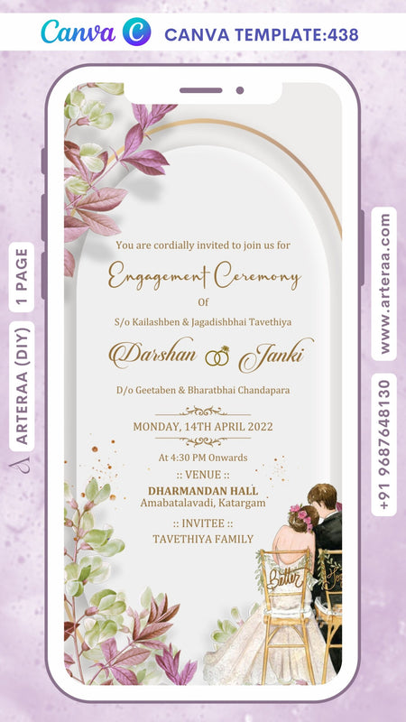 Chandla vidhi Engagement invitation Canva Editable video Template in gujarati language with flowers, couple doodle as gate theme design 438