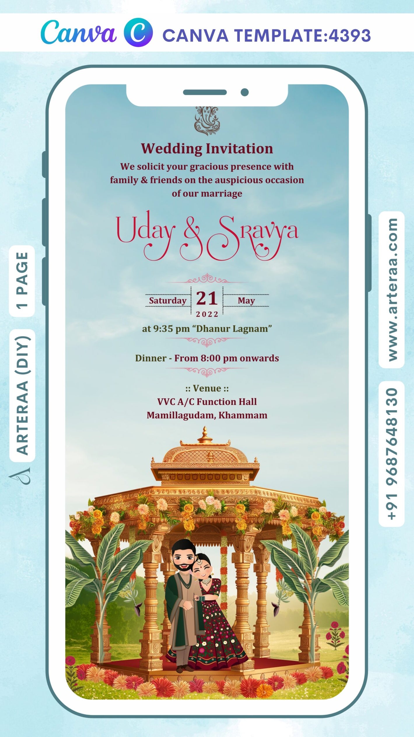 Wedding ceremony invitation Canva Editable video Template of south indian telugu family in english language with Garden theme design 4393