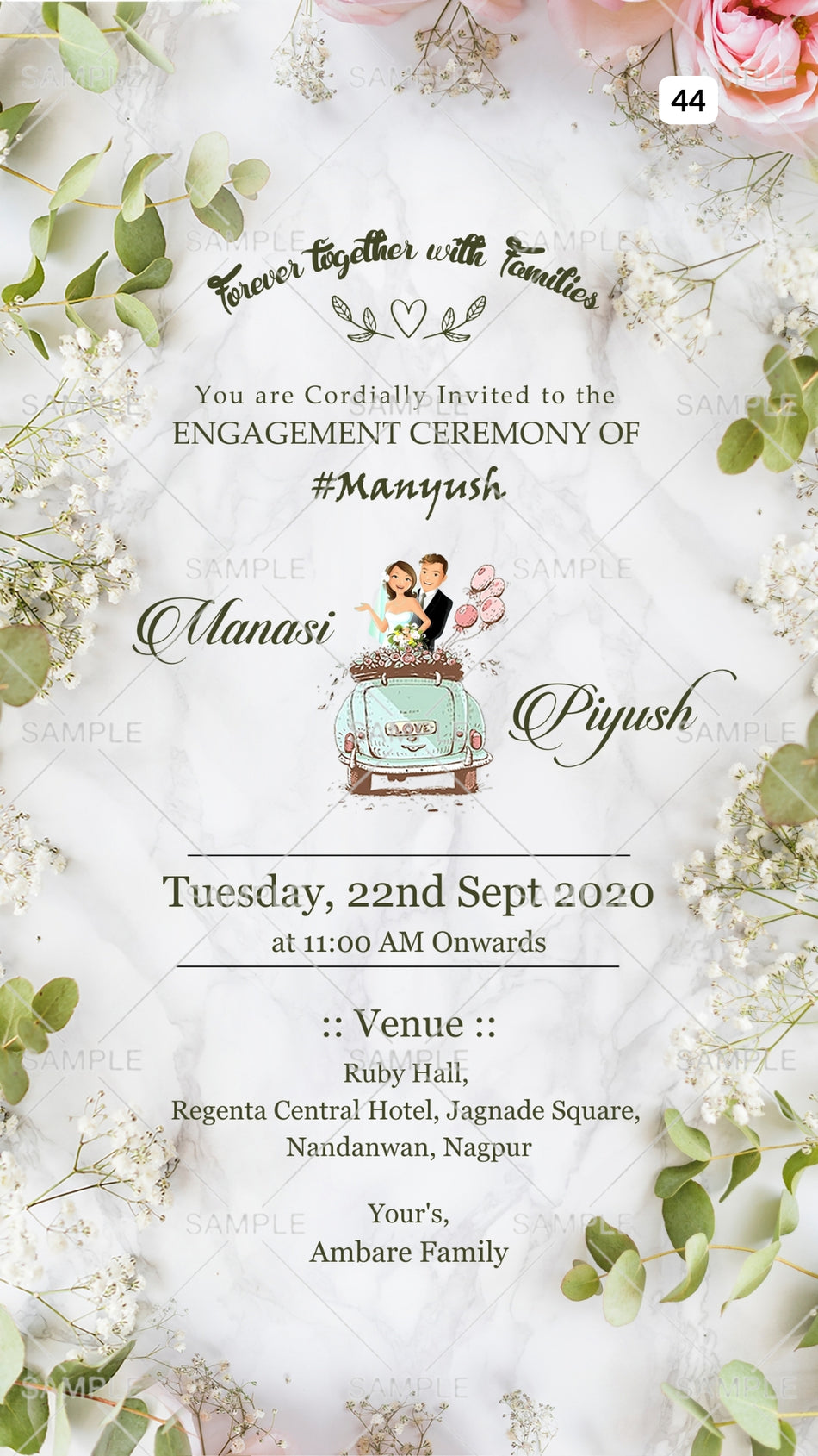 Engagement ceremony invitation card Canva Editable Template in english language with rose as artistic leaves theme design 44