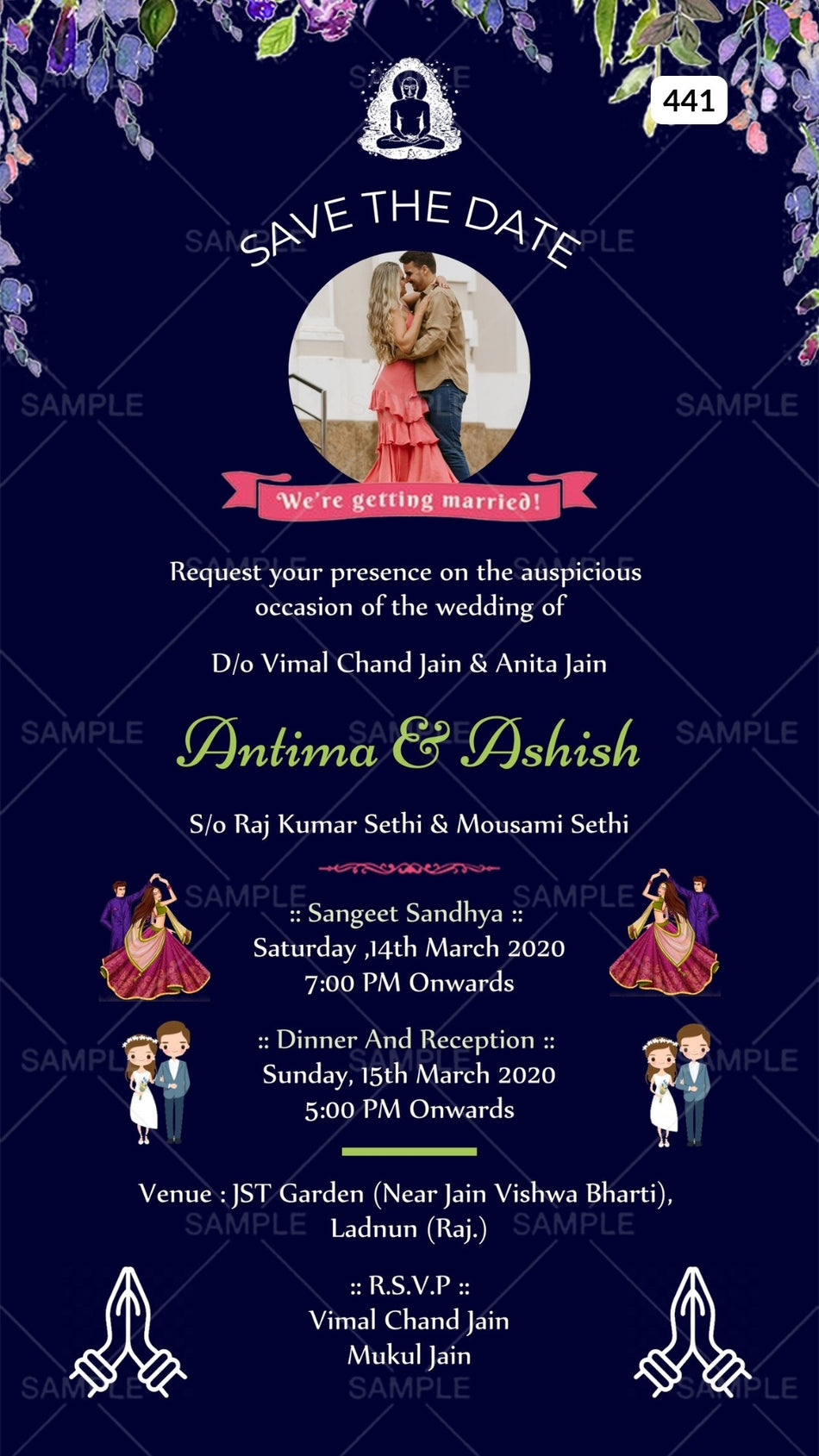 Wedding ceremony invitation card Canva Editable Template of hindu rajasthani marwari family in english language with Minimalistic theme design 441