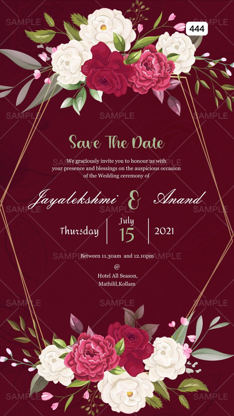 Save the Date card Canva Editable Template in english language with flowers, frame as floral theme design 444