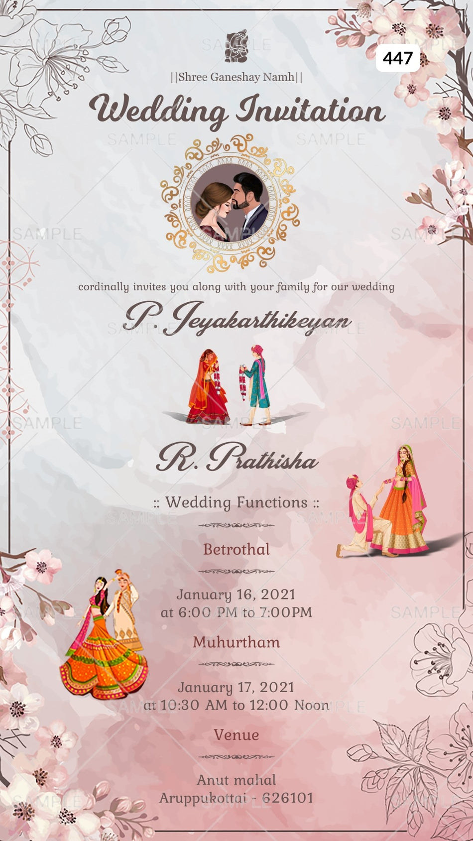 Wedding ceremony invitation card Canva Editable Template of hindu south indian tamil family in english language with  Floral theme design 447