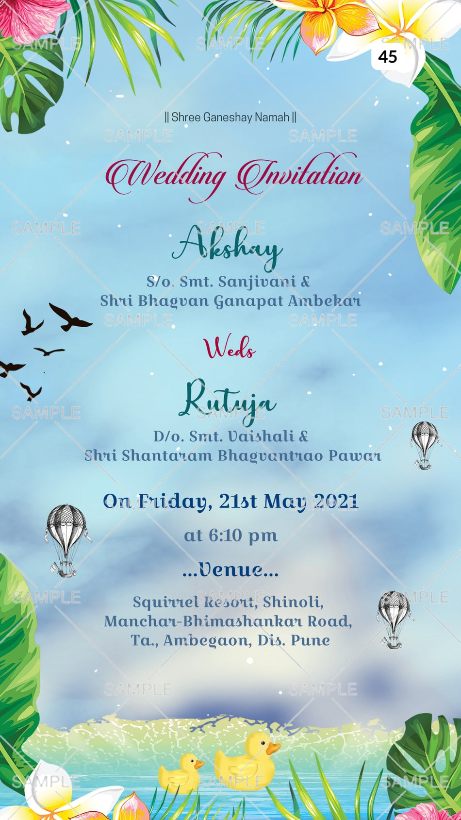 Wedding ceremony invitation card of hindu maharashtrian marathi family in english language with River theme Canva Editable Template design 45