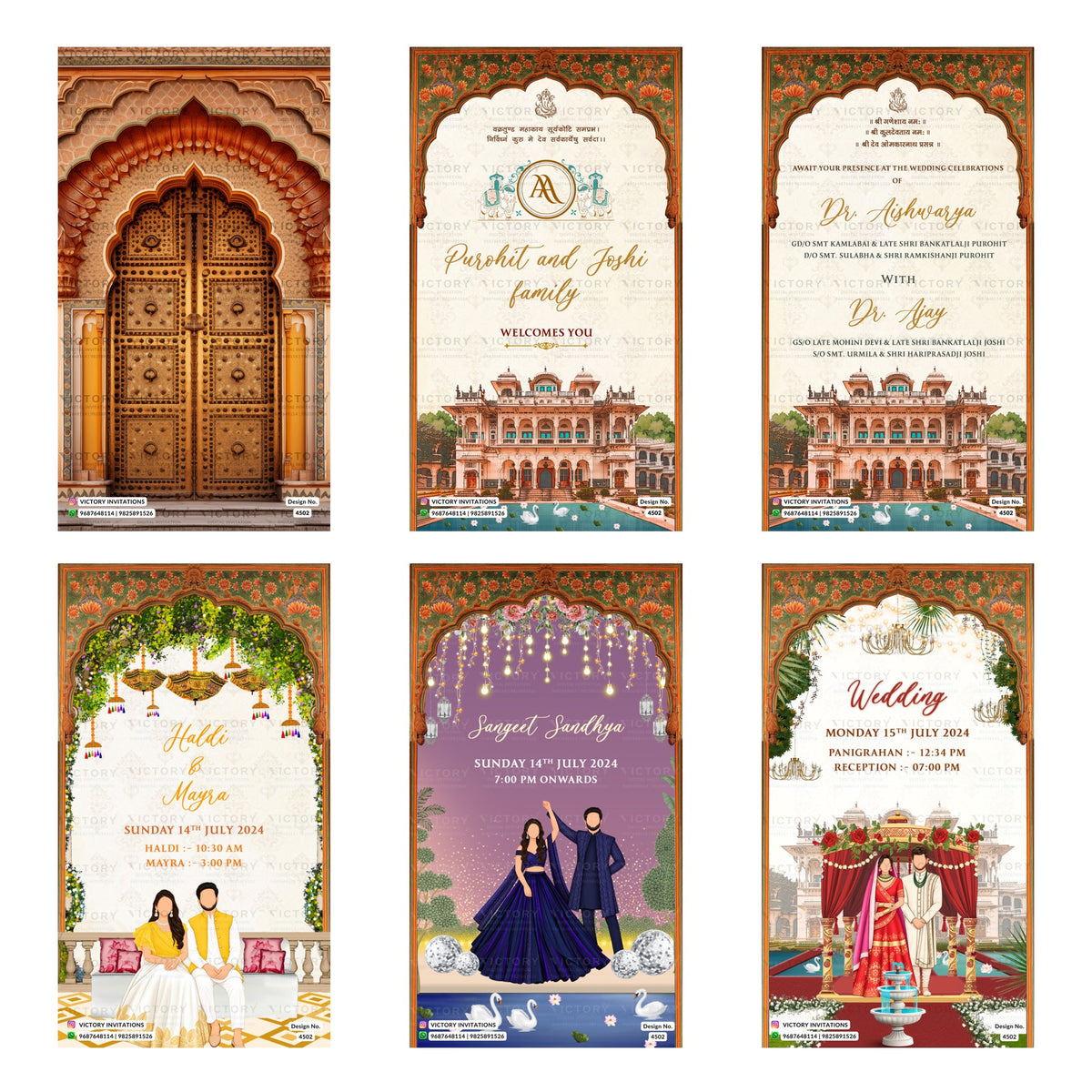 Dr. Aishwarya & Dr. Ajay Royal Palace Indian Wedding Invitation Card Bundle Template