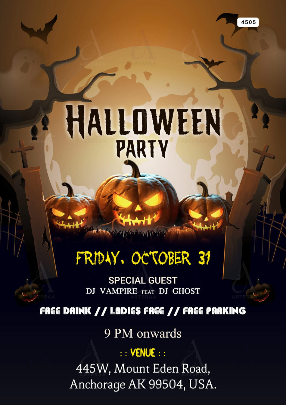 Halloween Party invitation card Canva Editable Template in english language with pumpkin as Halloween theme design 4505