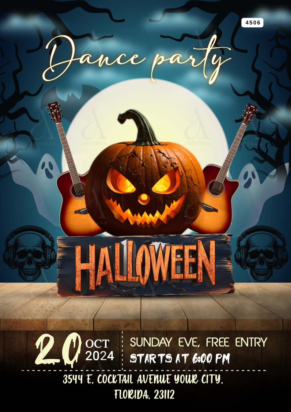 Halloween Party invitation card Canva Editable Template in english language with violin, pumpkin as Halloween theme design 4506