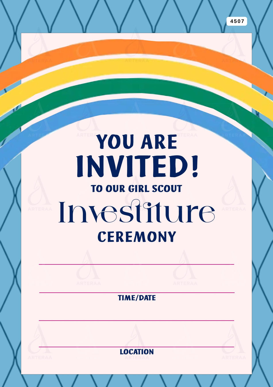 Investiture ceremony card Canva Editable Template in english language with rainbaw as minimalistic theme design 4507